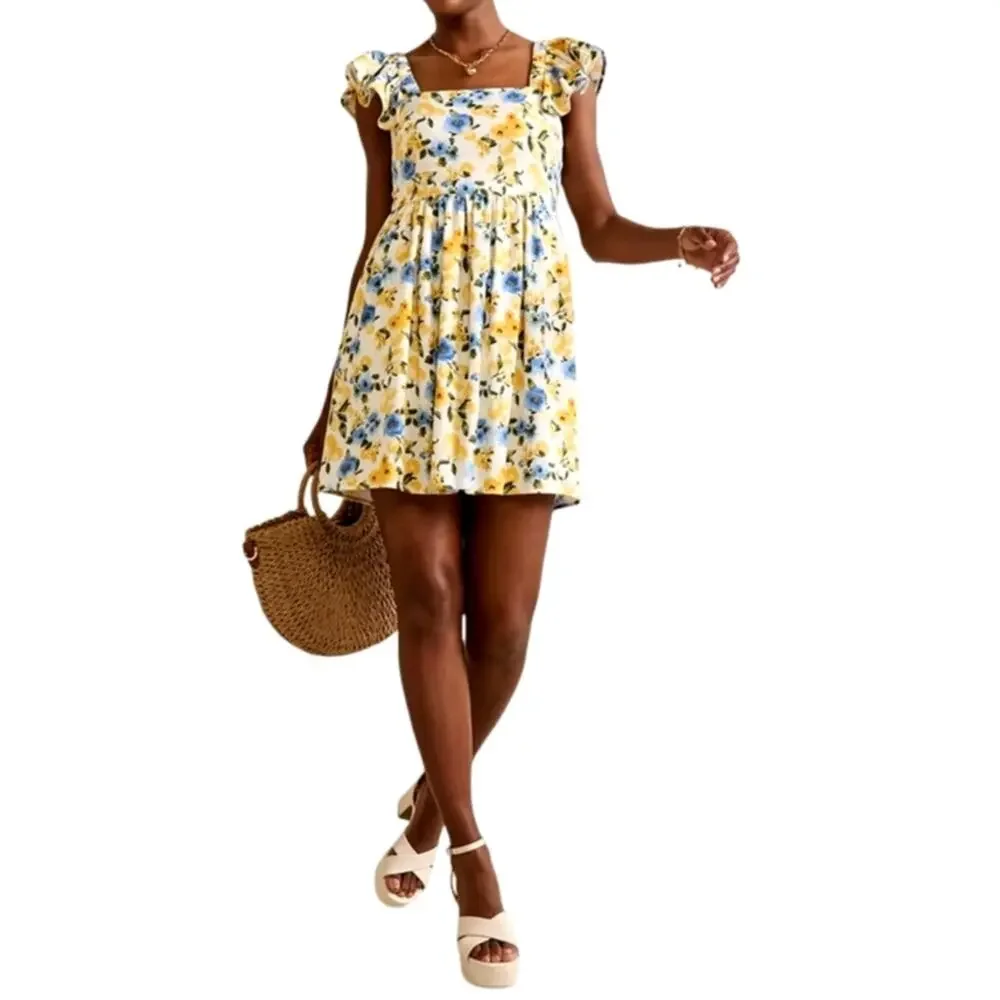 Francesca's Womens Medium White Yellow Blue Dora Lemon Print Bow Back Mini Dress